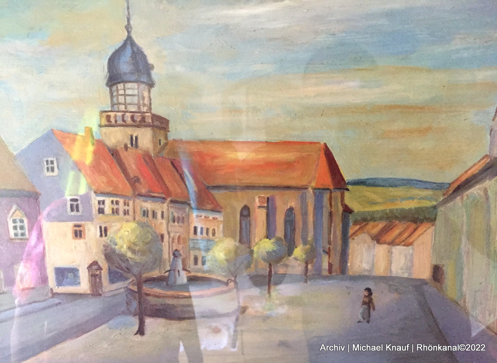 Aquarell Geisa/Rhön Marktplatz mit kath. Kirche